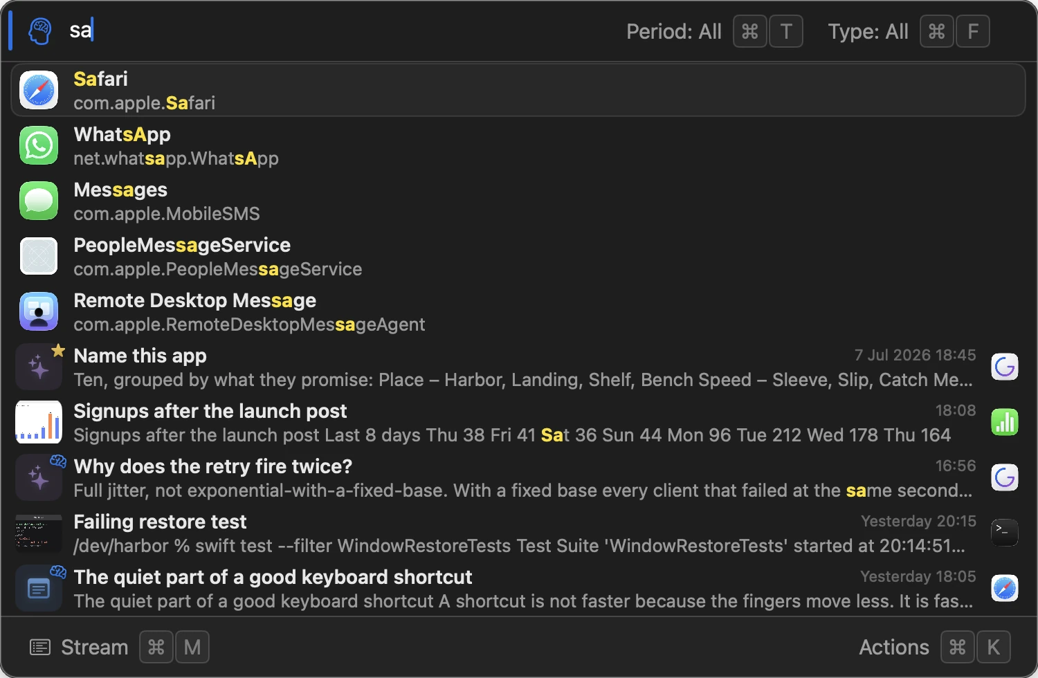 Typing “sa” in Gisti lists Safari, WhatsApp and Messages above the saved items