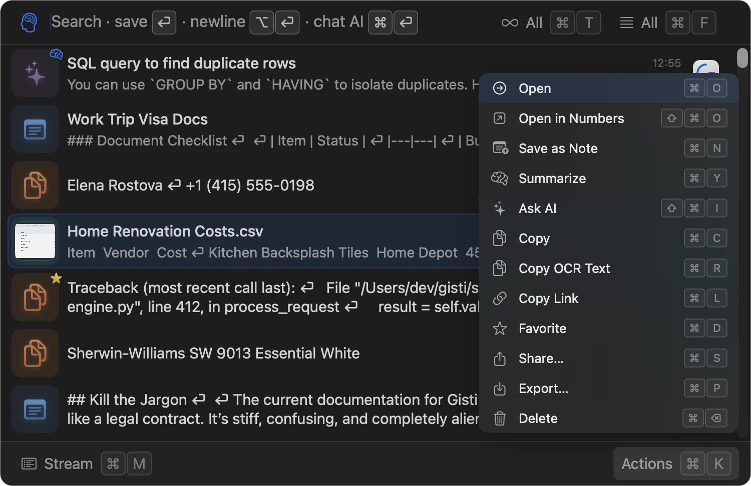 Gisti action menu open on a Stream item