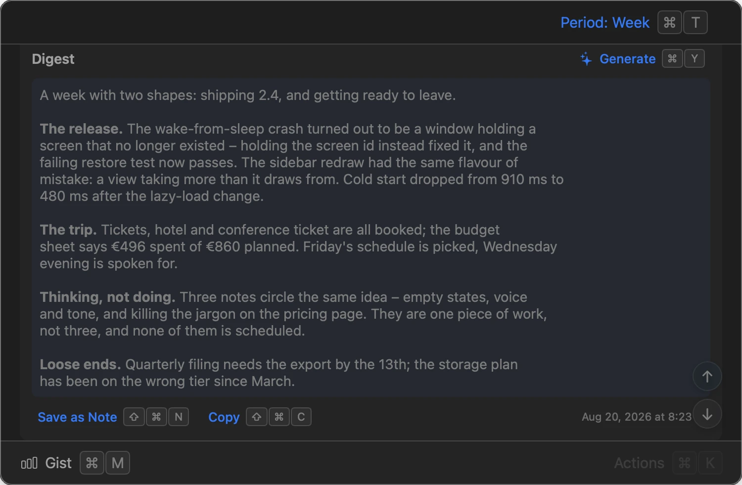 An AI digest of a week of captured content, grouped by theme