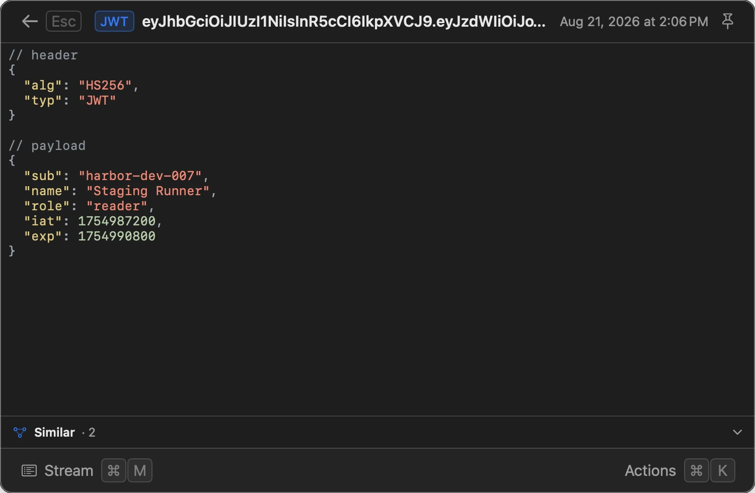 A JWT clip in Gisti shown decoded, with its header and payload as formatted JSON