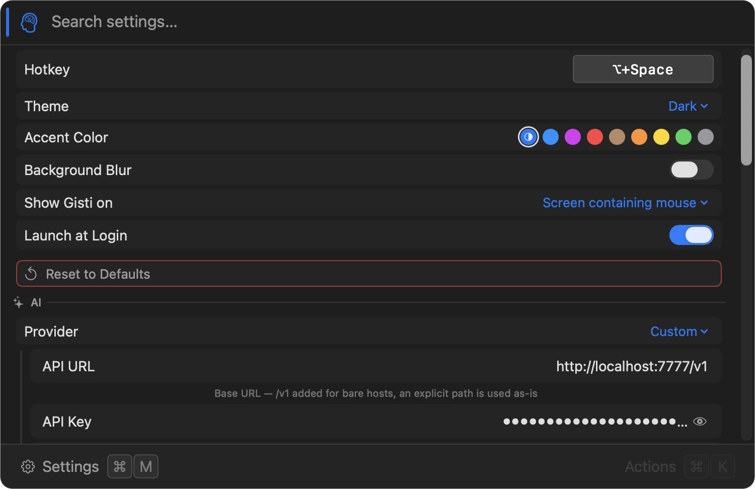 Gisti Settings showing general options and AI provider configuration