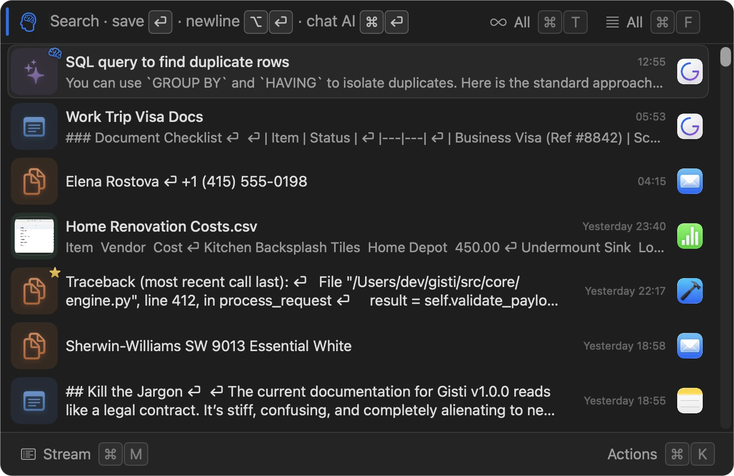 Gisti Stream view with filter chips, day separators, and cards