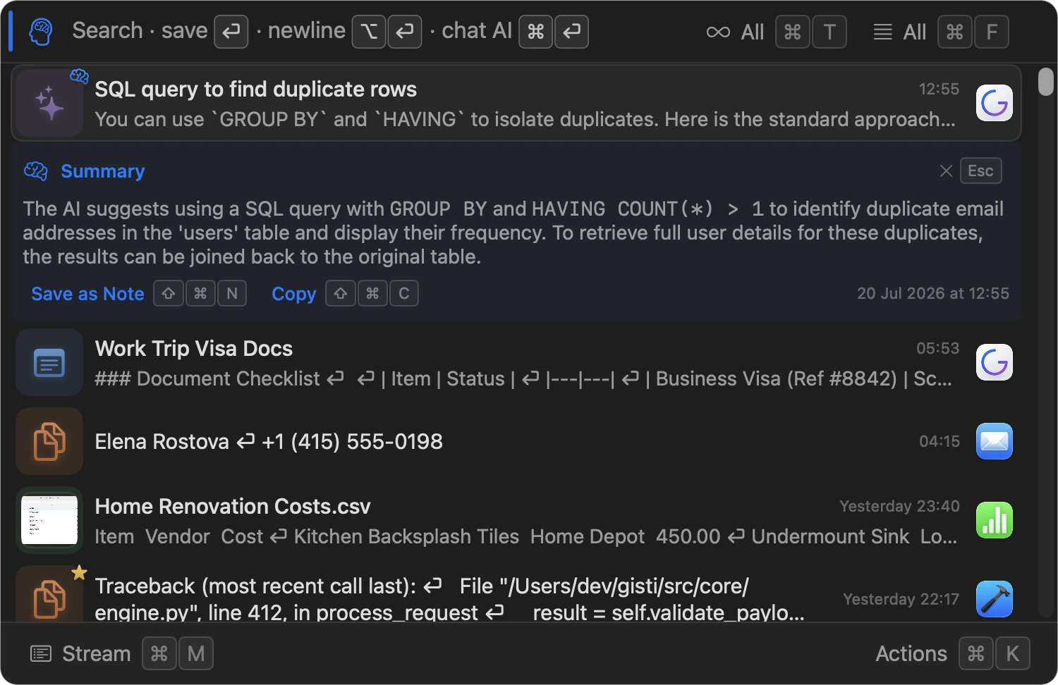Inline AI summary expanded under a long note