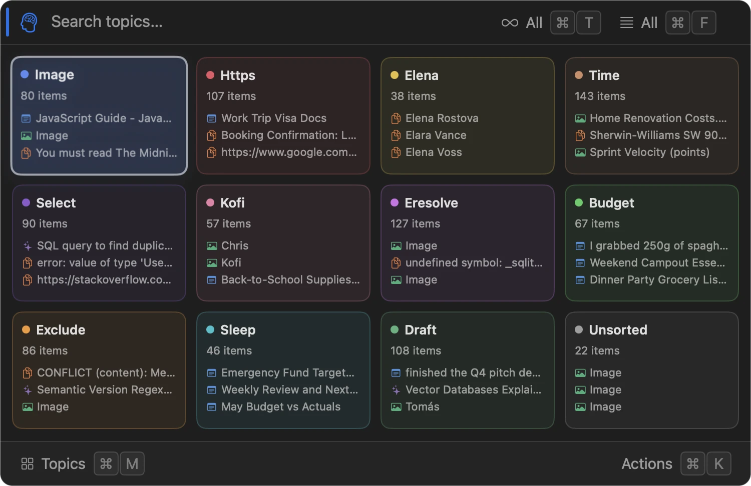Gisti Topics view showing automatically clustered content cards